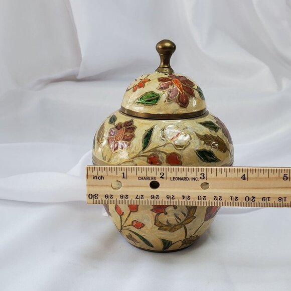 VTG Brass Cloisonné Enamel Lidded Ginger Jar Pot Urn Made in India 6 inches tall - Picture 7 of 13